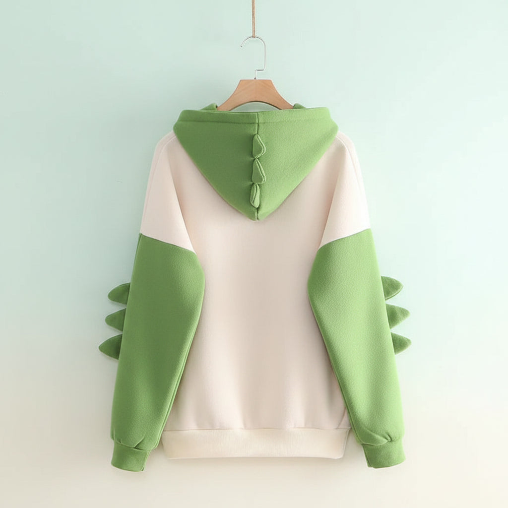 Back view of cute dinosaur hoodie for winter with green spikes on hood and sleeves from Vusy Kawai Shop