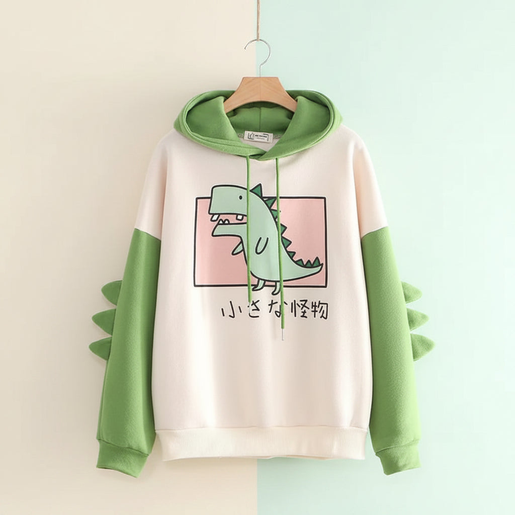 Cute dinosaur hoodie for winter with green sleeves and spikes from Vusy Kawai Shop