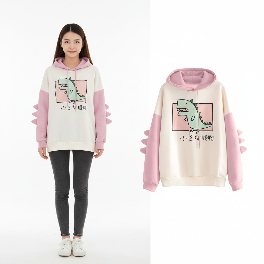 Sweat à capuche dinosaure mignon pour l'hiver, douillet, rose crème