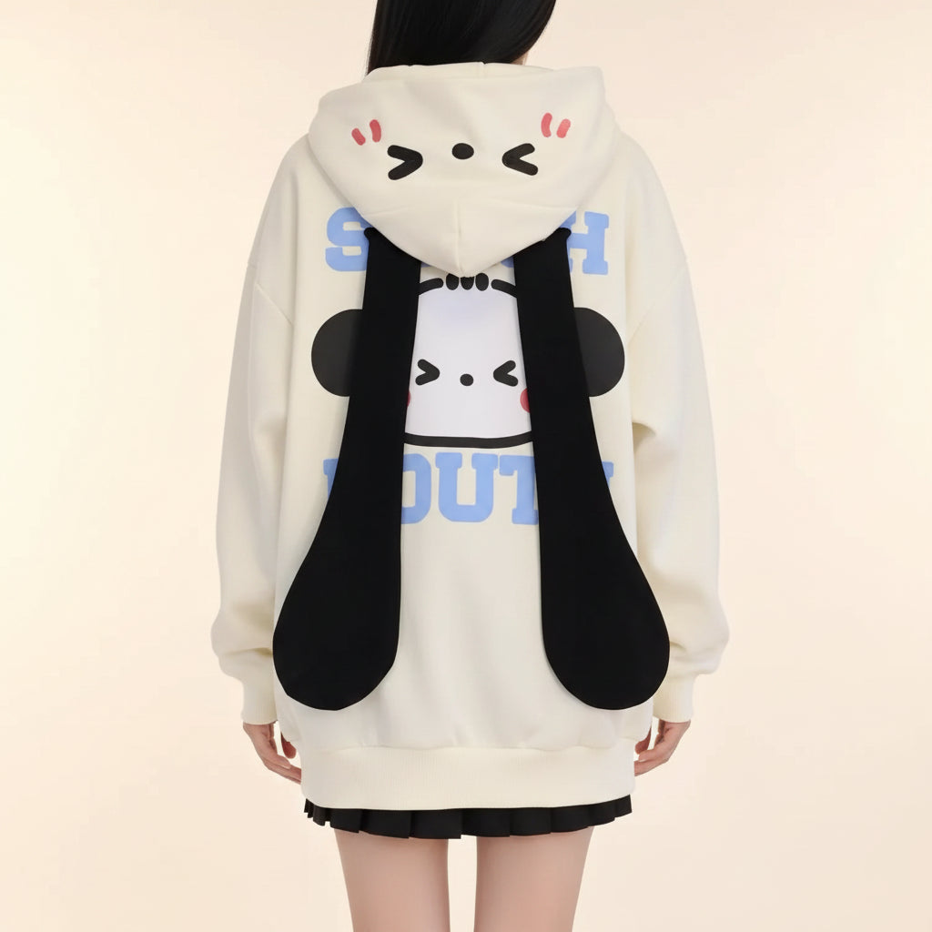 White cute dog ear hoodie long-eared jacket with black floppy ears and playful face design on the back