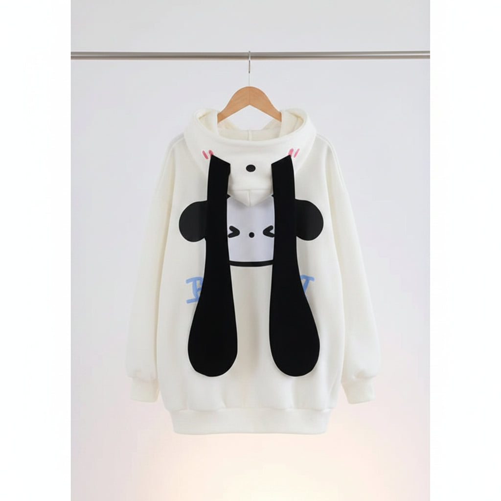 Cute dog ear hoodie long-eared jacket in white with black floppy ears and kawaii face design on the back