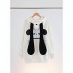 Cute dog ear hoodie long-eared jacket in white with black floppy ears and kawaii face design on the back