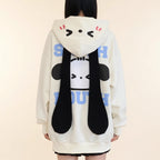 Cute dog ear hoodie long-eared jacket in white with black floppy ears and kawaii face design