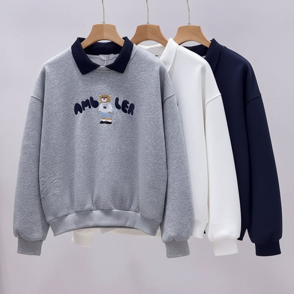 Cute embroidered long sleeve preppy top in gray with black collar and bear design from Vusy Kawai Shop