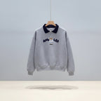 Grey cute embroidered long sleeve preppy top with navy collar and teddy bear design from Vusy Kawai Shop