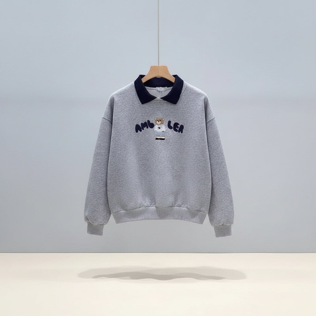 Grey cute embroidered long sleeve preppy top with navy collar and teddy bear design from Vusy Kawai Shop