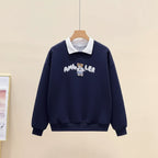 Cute embroidered long sleeve preppy top in navy with white collar and teddy bear design
