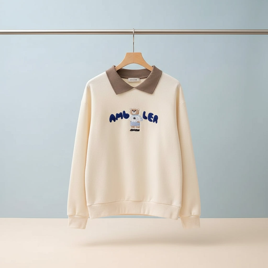 Cute embroidered long sleeve preppy top with bear design and gray collar from Vusy Kawai Shop