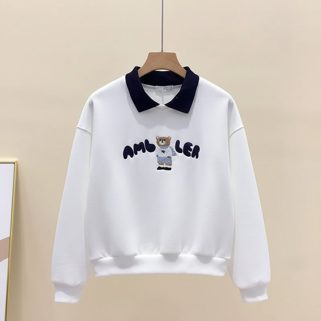 White cute embroidered long sleeve preppy top with black collar and bear embroidery on front