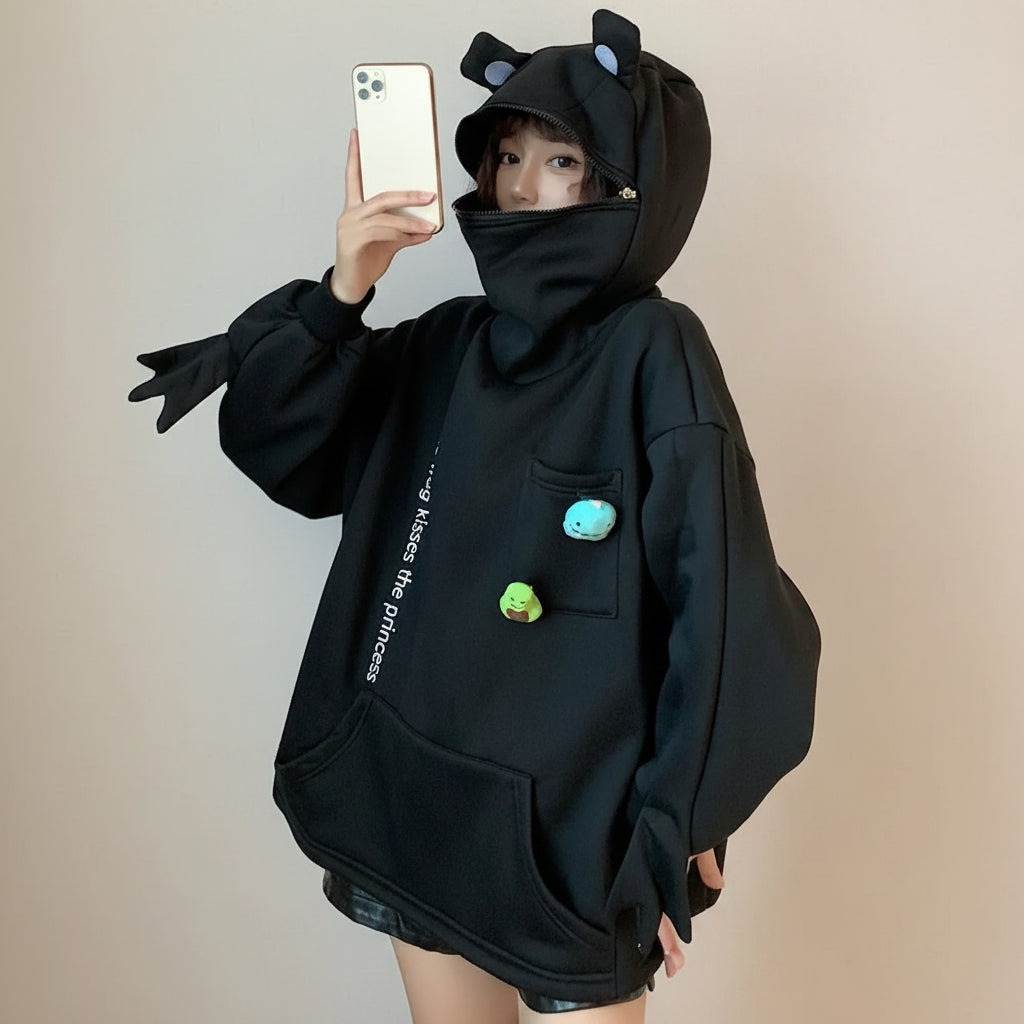 Black cute frog pullover sweatshirt with frog ear hood and front pocket plush toys