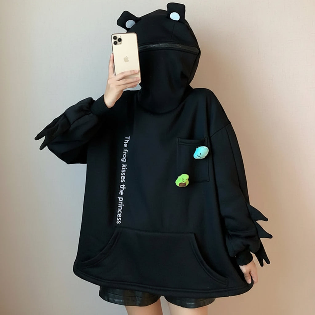 Black cute frog pullover sweatshirt with hood featuring frog eyes and claws from Vusy Kawai Shop