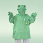 Cute frog pullover sweatshirt in light green with frog ear hood and small pocket patches