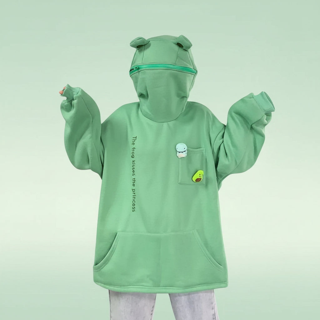 Cute frog pullover sweatshirt in light green with frog ear hood and small pocket patches