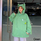 Green cute frog pullover sweatshirt with hood featuring frog eyes and decorative patches