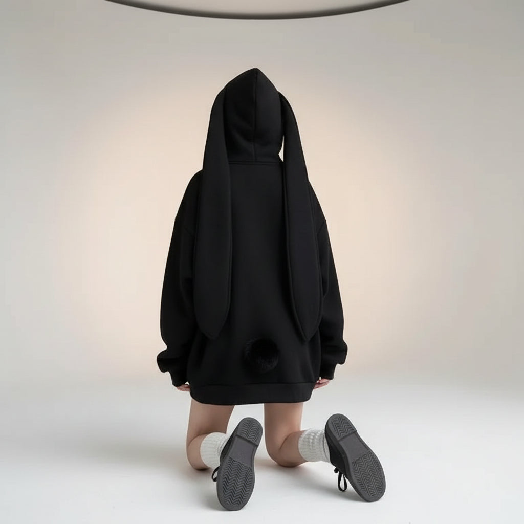 Cute hooded rabbit cardigan for women in black with long bunny ears and pom pom tail