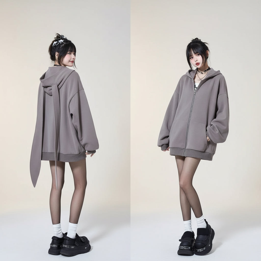 Cute hooded rabbit cardigan for women in oversized gray with long ears hood and front pockets