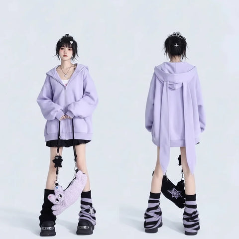 Lavender Bunny Ear Ribbon Zip Up Hoodie - front view