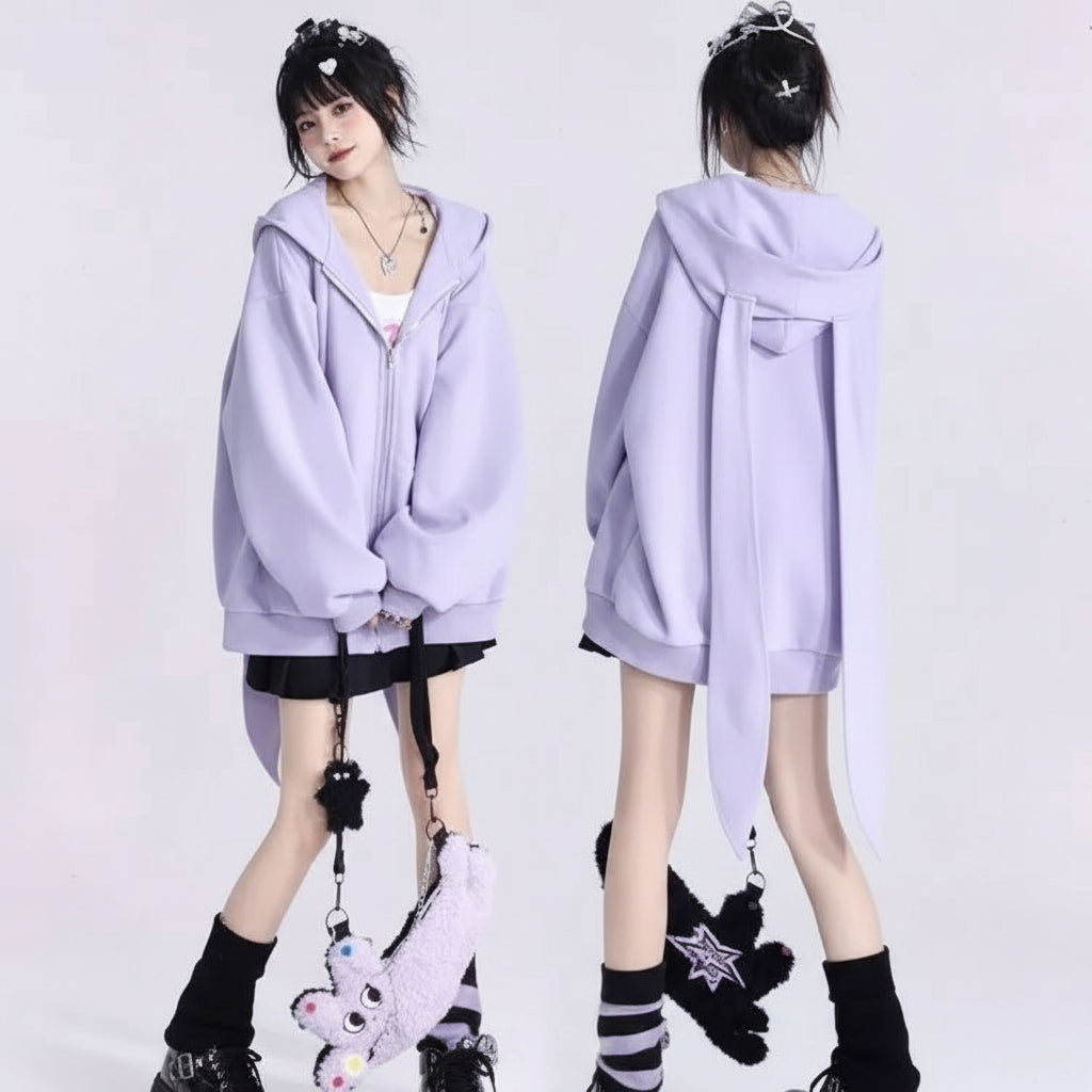 Cute hooded rabbit cardigan for women in light purple with oversized sleeves and long tail detail