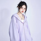 Lavender cute hooded rabbit cardigan for women with oversized sleeves and front zipper