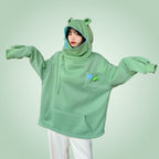 Cute Japanese autumn couple sweatshirts oversized green hoodie with frog ears and front pocket