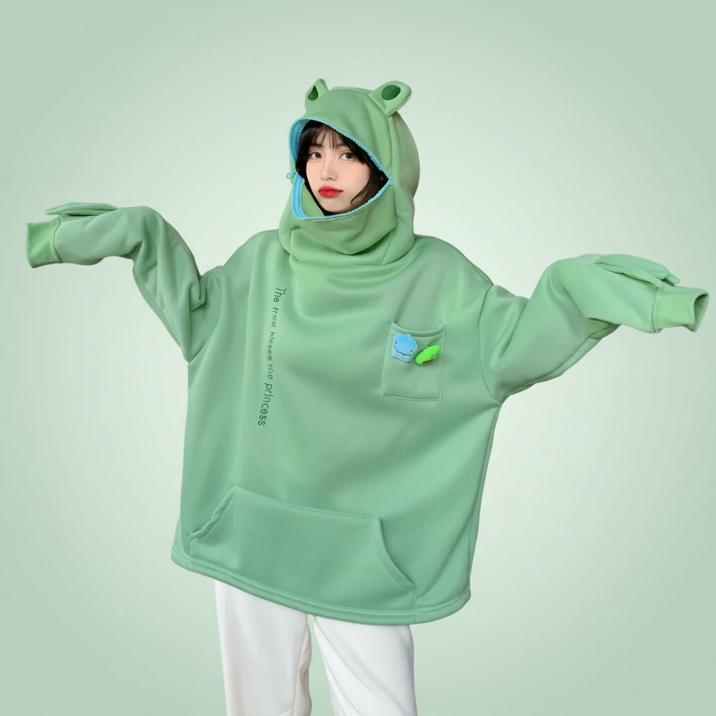 Cute Japanese autumn couple sweatshirts oversized green hoodie with frog ears and front pocket