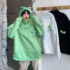 Cute Japanese autumn couple sweatshirts in green, white, and black with playful character designs