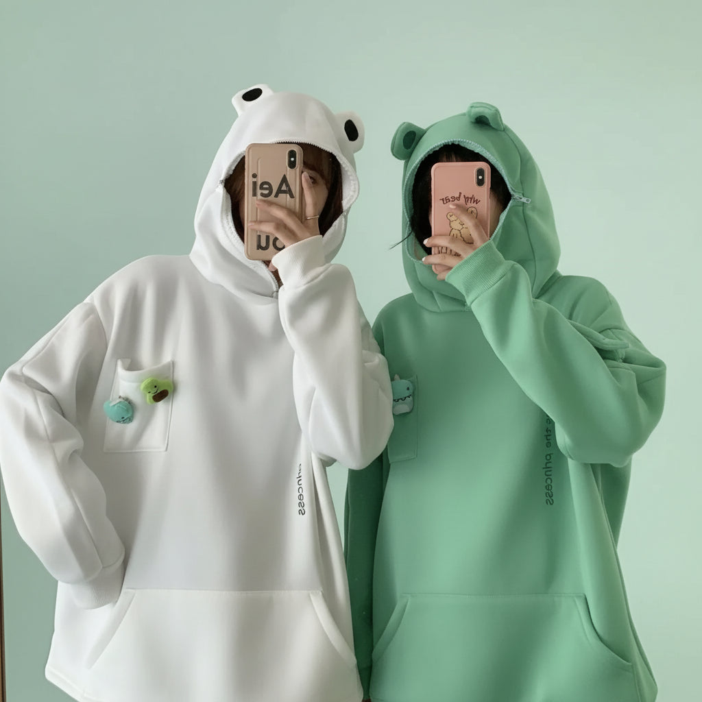 Cute Japanese Autumn Couple Sweatshirts Fleece-Lined Frog Hoodie