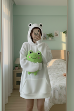 Fleece Frog Hoodie with 3D Ears and Built-In Face Mask Couple Matching Sweatshirt