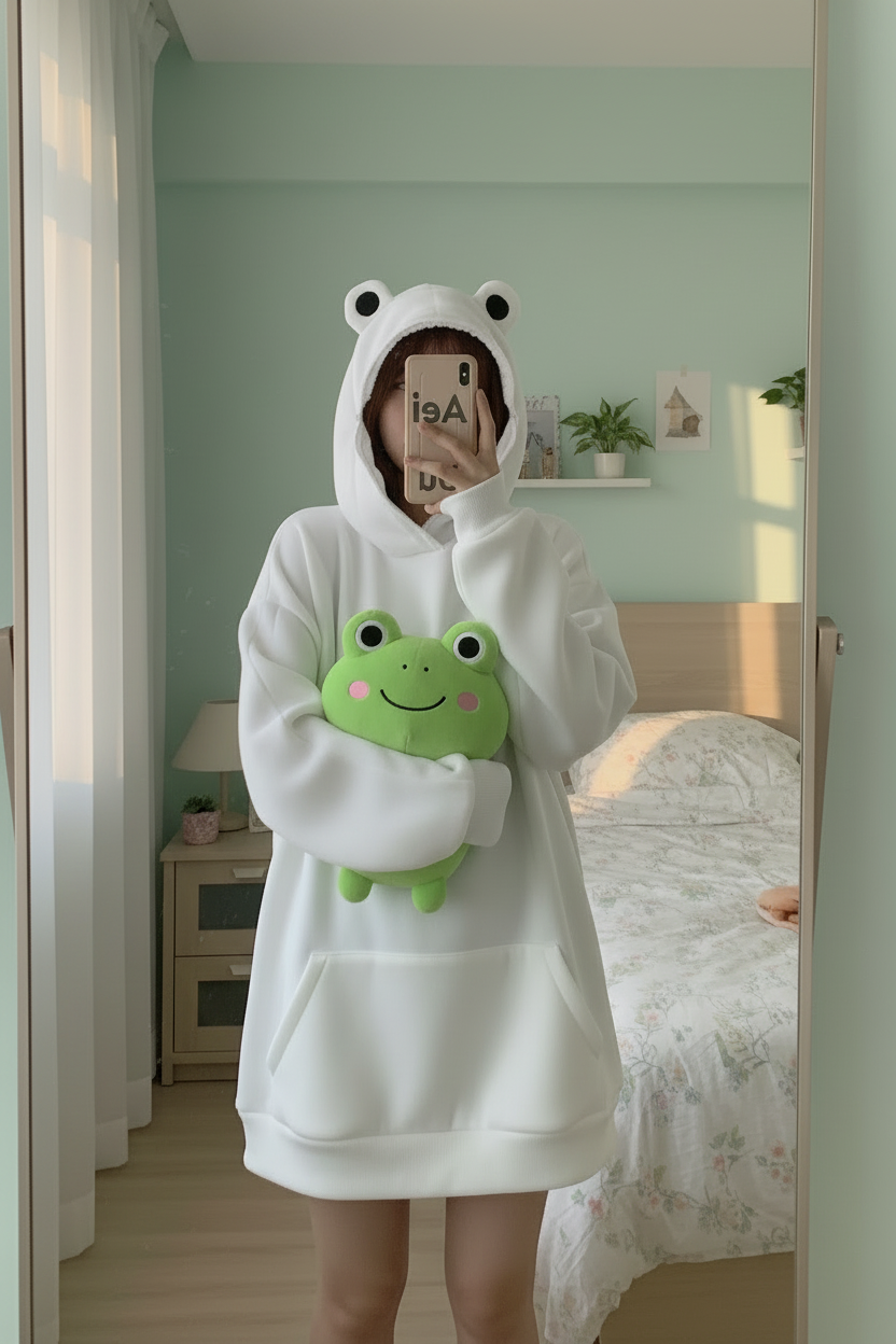 Fleece Frog Hoodie with 3D Ears and Built-In Face Mask Couple Matching Sweatshirt