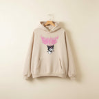 Cute Kuromi japanese hoodie for women in beige with pink graphic and front pocket