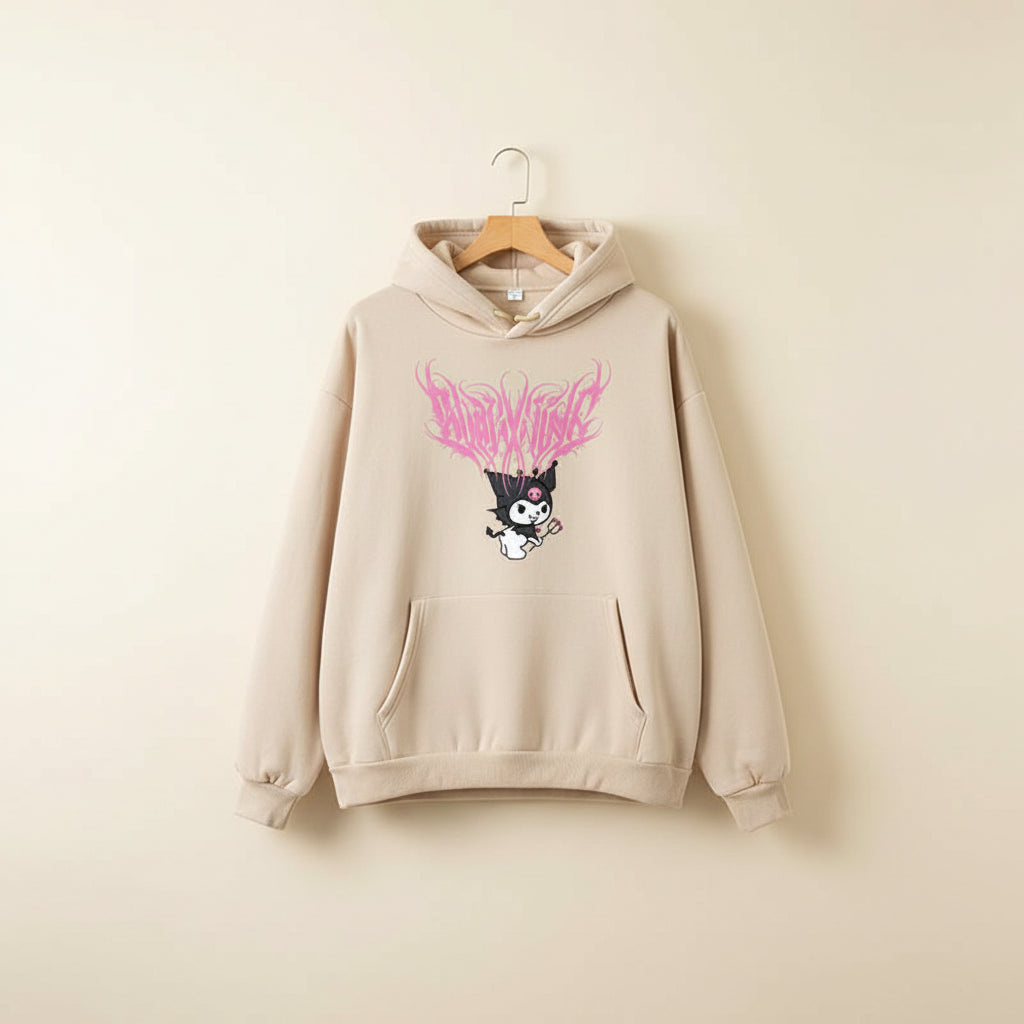 Cute Kuromi japanese hoodie for women in beige with pink graphic and front pocket