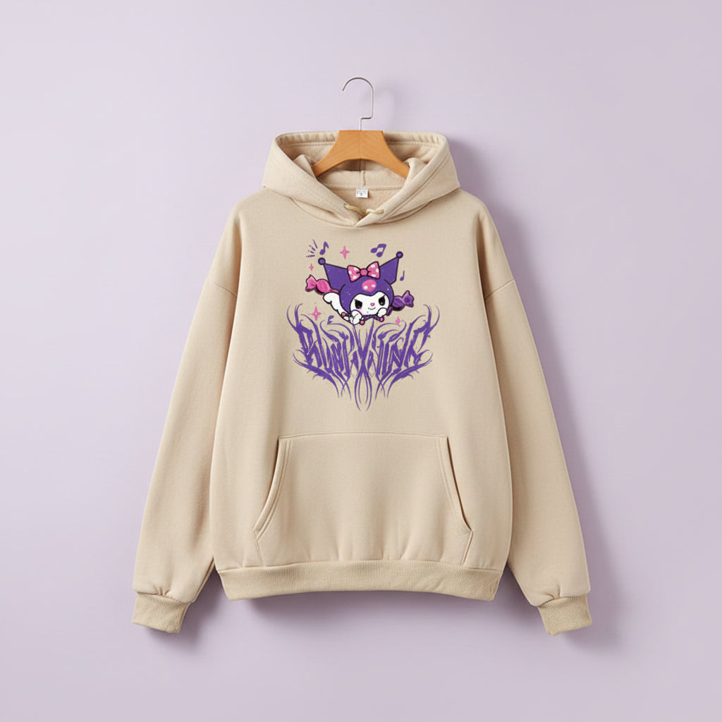 Cute Kuromi japanese hoodie for women in beige with purple and pink character design and front pocket