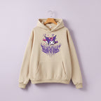 Cute Kuromi japanese hoodie for women in beige with purple and pink character design and front pocket