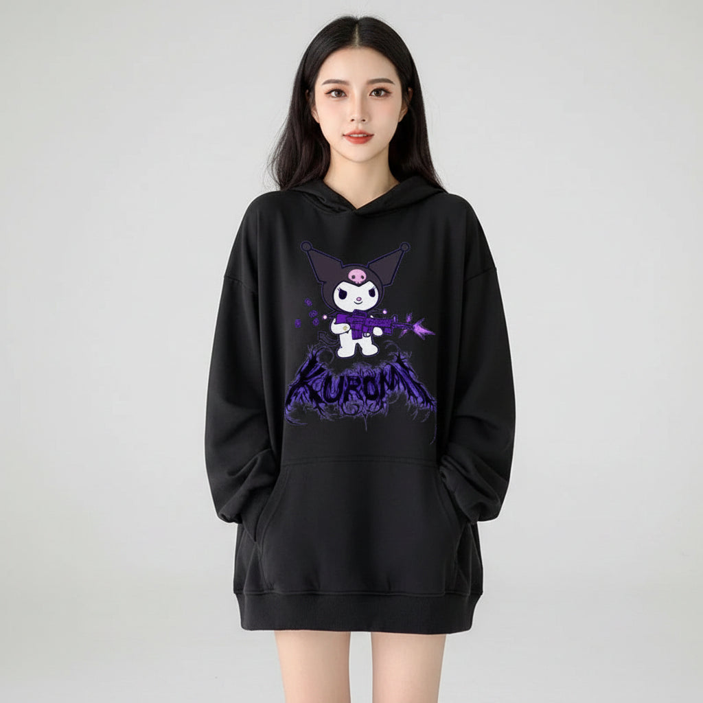 Cute Kuromi japanese hoodie for women in black with graphic design and front pocket