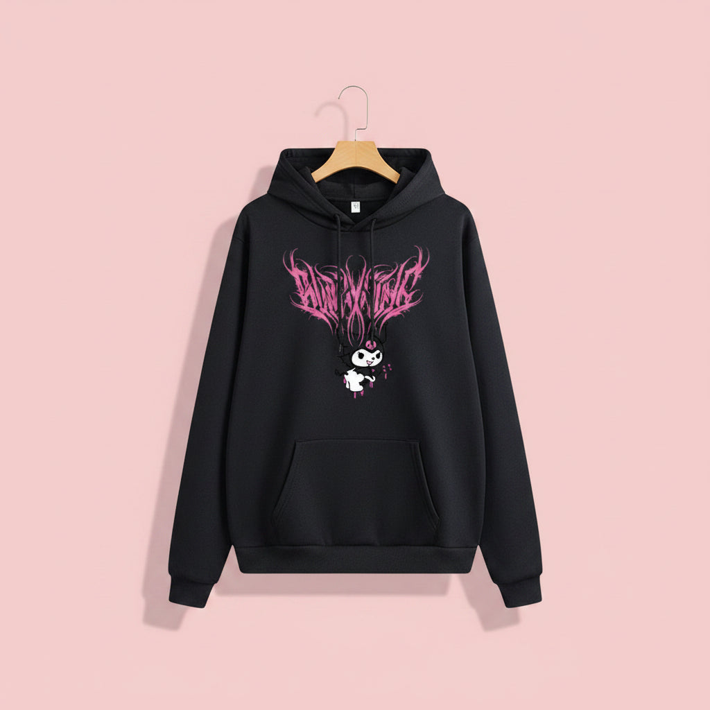 Cute Kuromi japanese hoodie for women in black with pink graphic design and front pocket