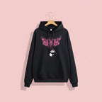 Cute Kuromi japanese hoodie for women in black with pink graphic design and front pocket
