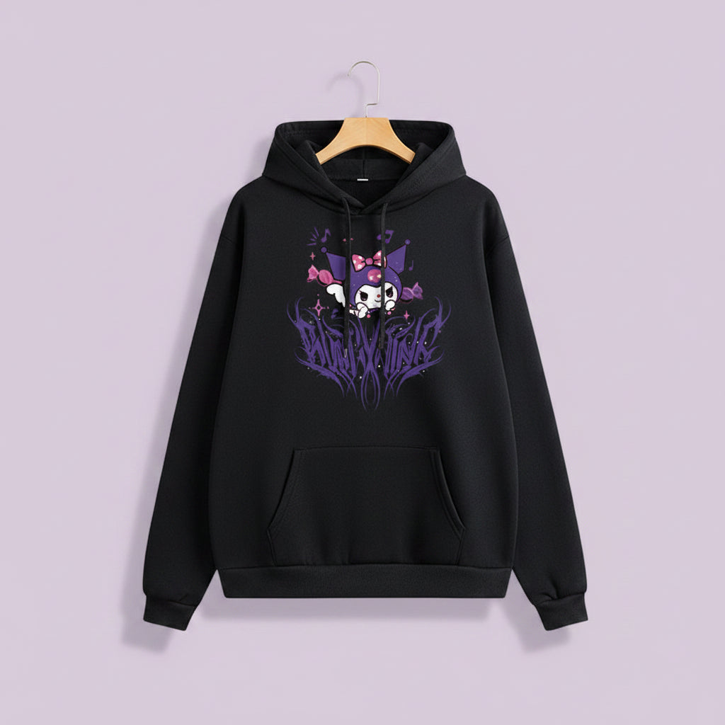 Cute Kuromi japanese hoodie for women in black with purple and pink character design