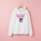Cute Kuromi japanese hoodie for women in white with pink graphic and front pocket