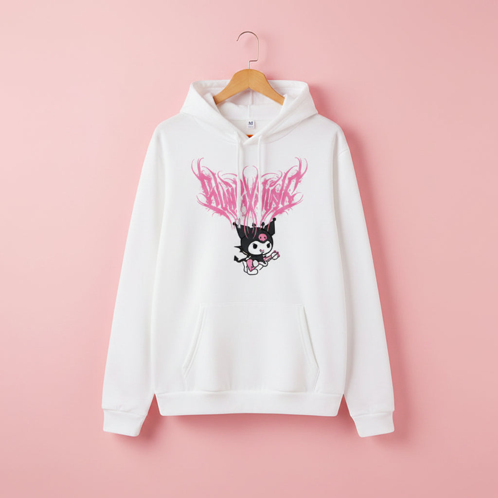 Cute Kuromi japanese hoodie for women in white with pink graphic and front pocket