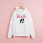 Cute Kuromi japanese hoodie for women in white with pink graphic and front pocket from Vusy Kawai Shop
