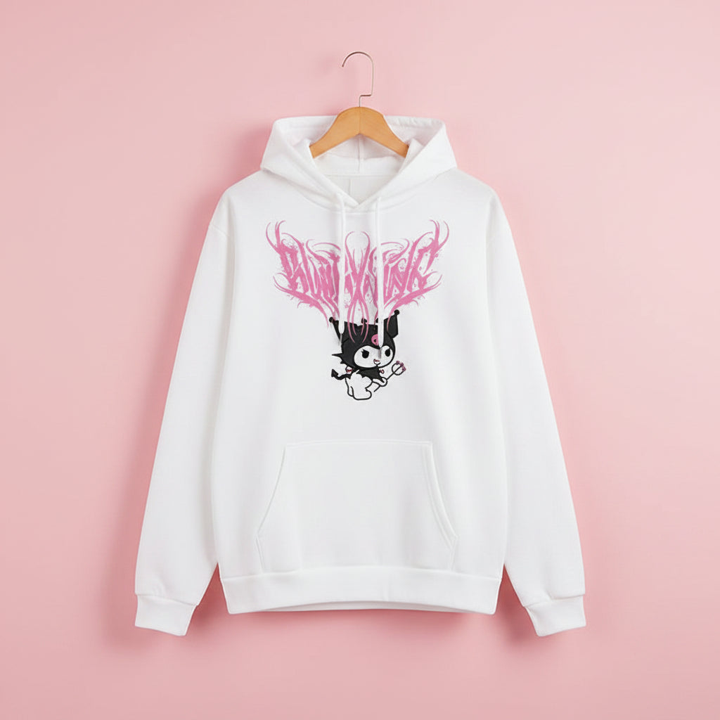 Cute Kuromi japanese hoodie for women in white with pink graphic and front pocket from Vusy Kawai Shop