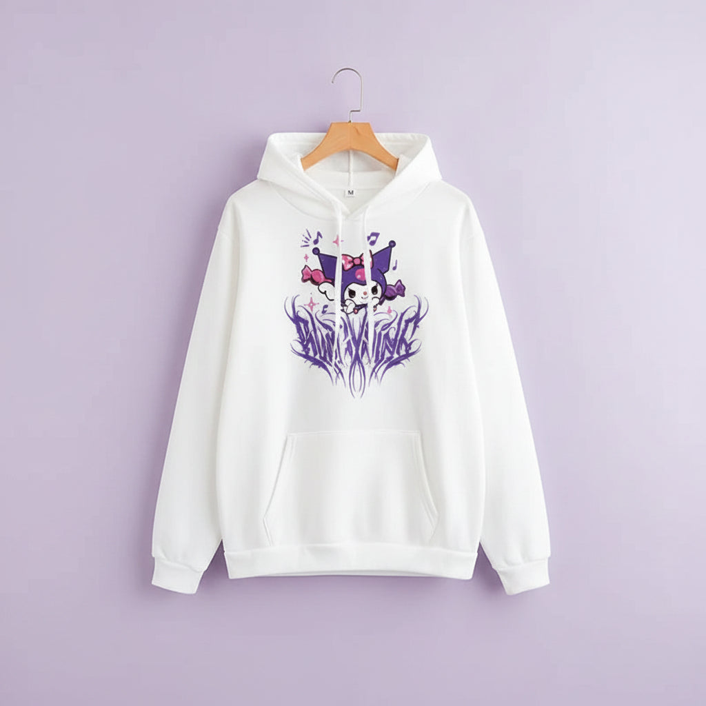 Cute Kuromi japanese hoodie for women in white with purple and pink graphic design and front pocket