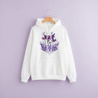 Cute Kuromi japanese hoodie for women in white with purple and pink graphic design and front pocket