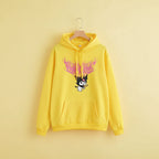 Cute Kuromi japanese hoodie for women in bright yellow with pink graphic and front pocket