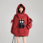 Cute oversized kawaii hoodie for girls in red with cartoon reindeer design and hood