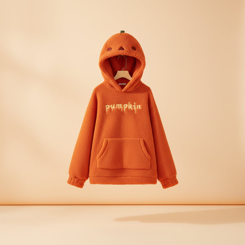 Cute pumpkin hoodie for women in orange with pumpkin face hood and front pocket