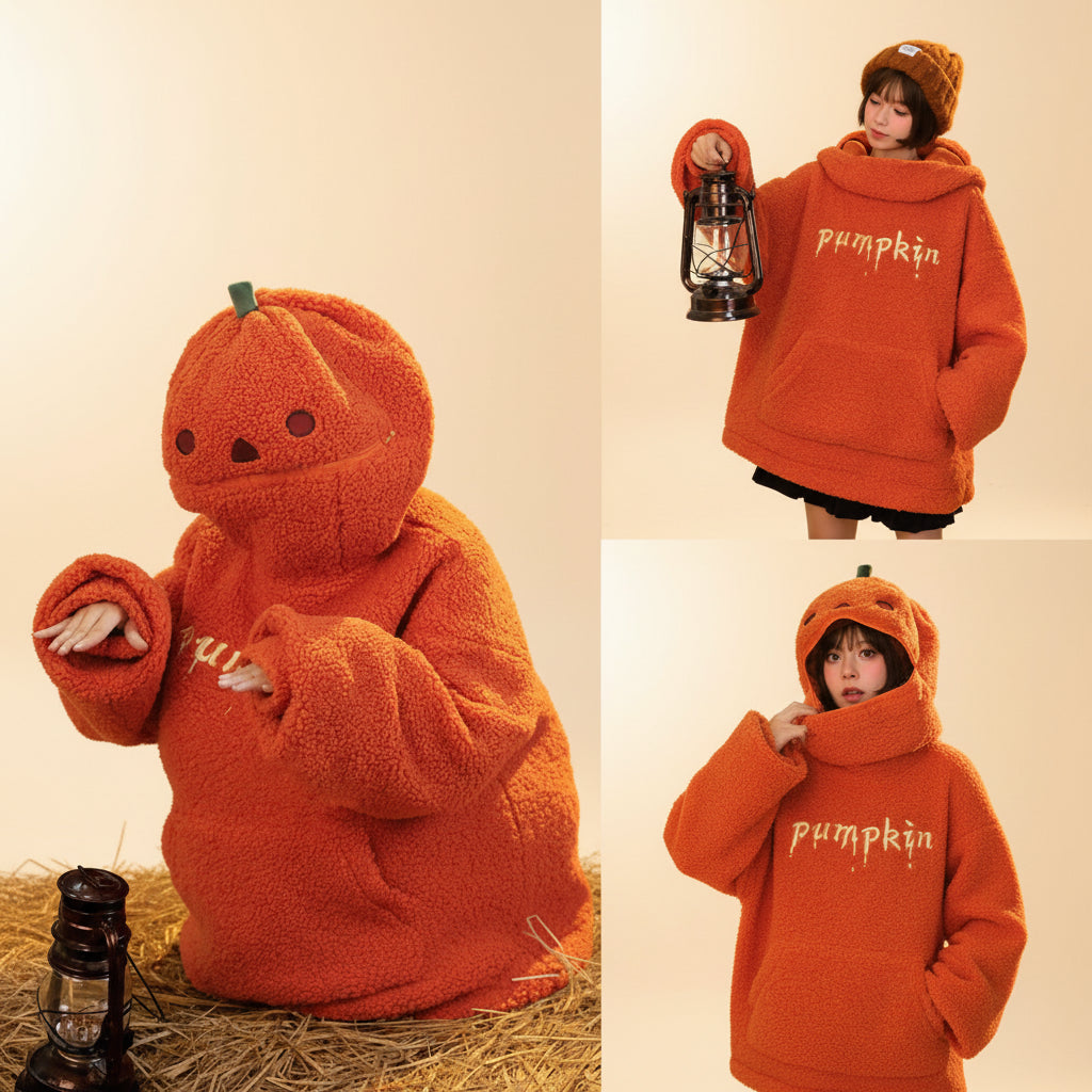 Cute pumpkin hoodie for women in orange sherpa fabric with pumpkin face hood and pumpkin text