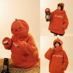 Cute pumpkin hoodie for women in orange sherpa fabric with pumpkin face hood and pumpkin text