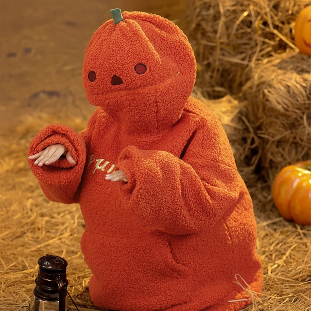 Cute pumpkin hoodie for women in fuzzy orange fabric with pumpkin face hood and oversized sleeves