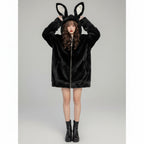 Cute rabbit hooded jacket for women in black plush fabric with large floppy ears on the hood